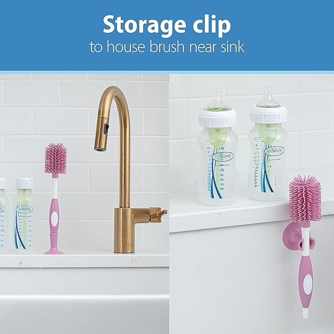 Dr. Brown's Soft Touch No Scratch Baby Bottle Cleaning Brush, Nipple Cleaner & Suction Cup Base for Easy Storage, BPA Free, Pink, 4 Pack