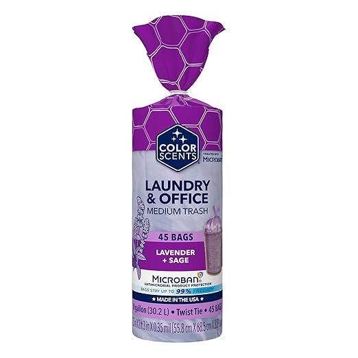 Color Scents Medium Trash Bags - 8 Gallon, 45 Bags (1 Pack of 45 Bags) Twist Tie - Purple in Lavender + Sage Scent with Microban