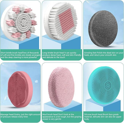Longzhuo Electric Back Scrubber for Shower with 6 Brush Heads, Rechargeable Bath Brush, Electric Body Scrubber with Long Handle, for Cleanse, Massage, Exfoliate and Pamper Your Skin (Sapphire Blue)