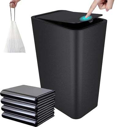 2.65-gallon/10-liter Push-Button Trash can with lid + 100 Trash Bags. Features pet-Proof, Odor-Proof, and Quiet-Closing Functions; Suitable for bedrooms, bathrooms, Kitchens, and Offices (Black)