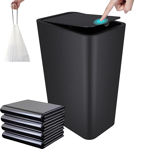 2.65-gallon/10-liter Push-Button Trash can with lid + 100 Trash Bags. Features pet-Proof, Odor-Proof, and Quiet-Closing Functions; Suitable for bedrooms, bathrooms, Kitchens, and Offices (Black)