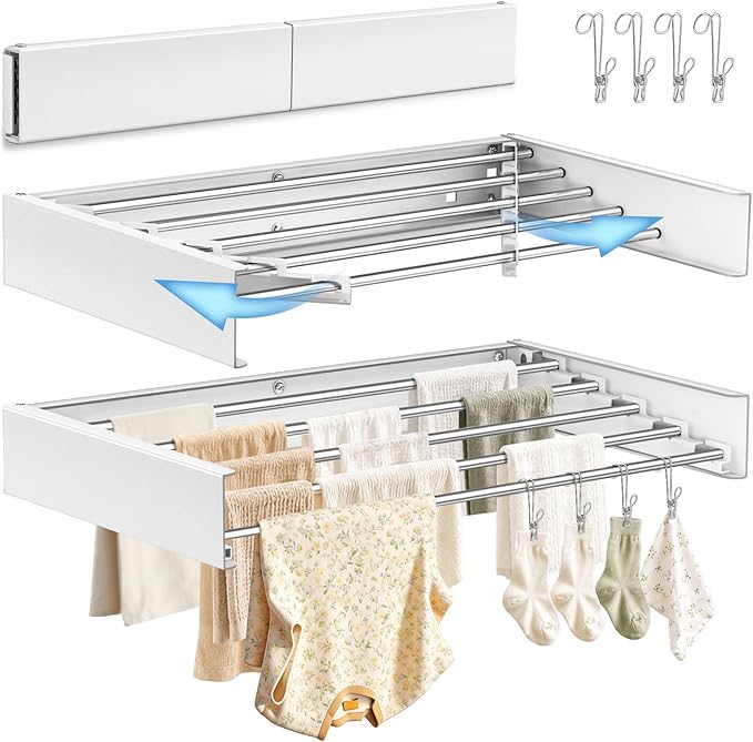 32'' Wall Mounted Clothes Drying Rack, Foldable & Collapsible Wall Mount Laundry Rack w/ 5 Thickened Rods & 4 Hooks, Space Saver Hanging Drying Rack Clothing for Laundry Room Bathroom Indoor