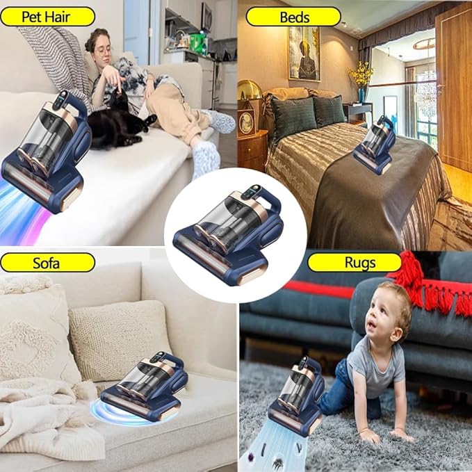 Cordless Double-Cup Mattress Cleaner, 18Kpa Suction 253.7nm UV-C Light & 80000Rpm Rotation Ultrasonic Tech, Portable Handheld Vacuum for Bed/Fabric Sofa/Carpet Cleaning(Blue)