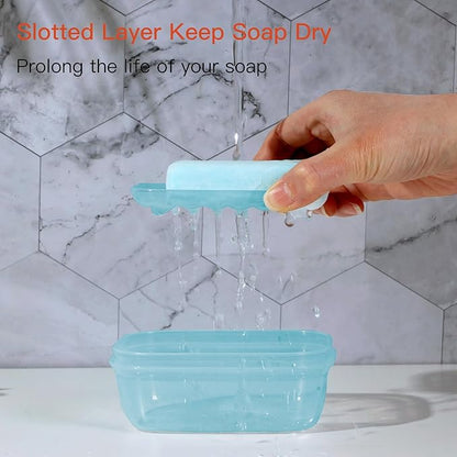 Quatish Leakproof Soap Dish with Lid & Draining Layer, Shatterproof Travel Bar Soap Holder Case Container, Portable Travel Size Toiletries Essentials for Camping, Gym, Bathroom, Clear Blue