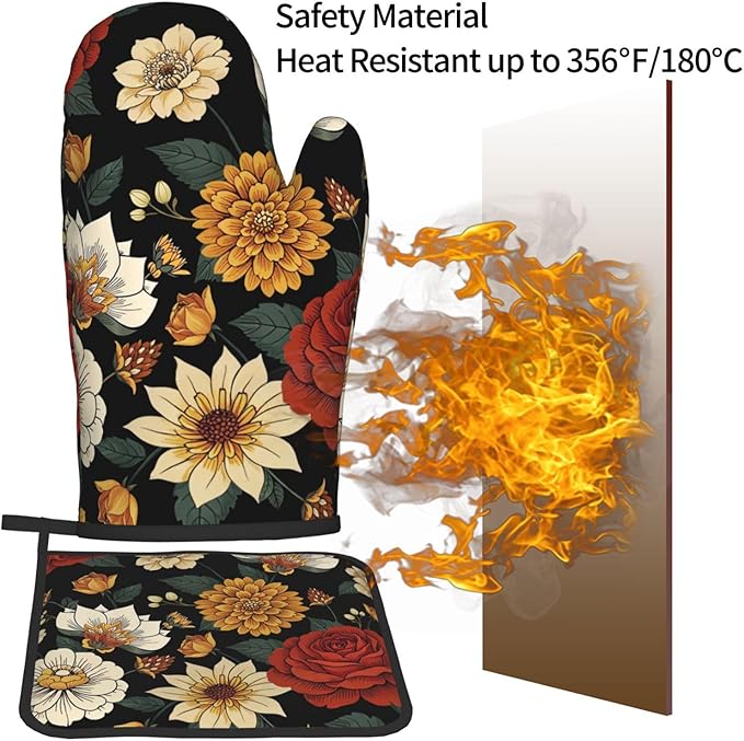 Boho Floral Oven Mitts and Pot Holders Sets of 2 Vintage Kitchen Mitts Bohemian Flower Hot Pads for Cooking Baking Grilling