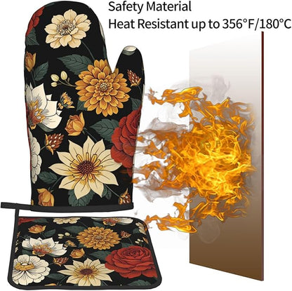Boho Floral Oven Mitts and Pot Holders Sets of 2 Vintage Kitchen Mitts Bohemian Flower Hot Pads for Cooking Baking Grilling