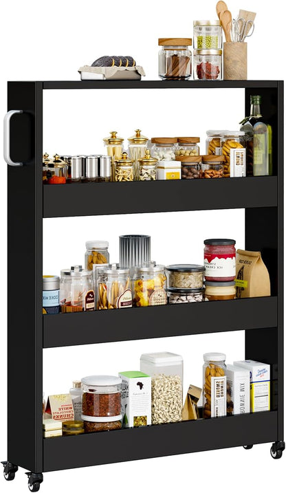 Slim Storage Cart, Lightweight 4 Tier Metal Rolling Utility Kitchen Cart on Wheels, Mobile Storage Shelving Unit Organizer for Bathroom Laundry Office Narrow Places (4 Tier-Black, 6" D)