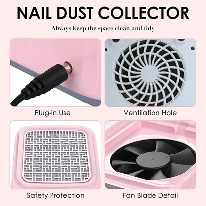 Pink Nail Dust Collector with Reusable Filter for Acrylic Gel Nails, Power Nail Vacuum Cleaner Dust Catcher Adjustable Dust Sucker for Nails Manicure Pedicure at Home Nail Salons