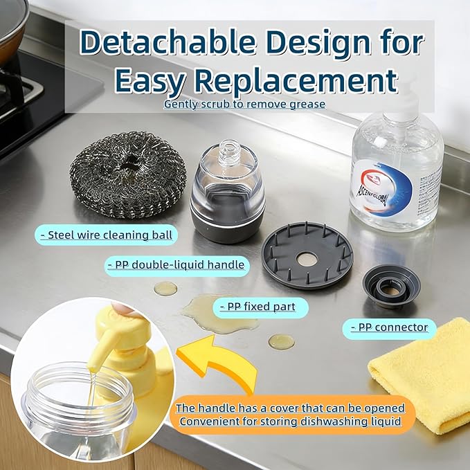 Soap Dispense Palm Scrub dishwashing Kitchen Scrubber Press Automatic Liquid wash Pot ，Small Dish Brush(PET)