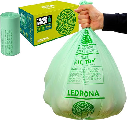 30 Compostable Trash Bags - 13 Gallon Garbage Bags for Kitchen Bin - Unscented, Leak Proof, Extra Strong - Disposable Food Waste Basket Liners - Certified by BPI & OK compost HOME by TÜV AUSTRIA