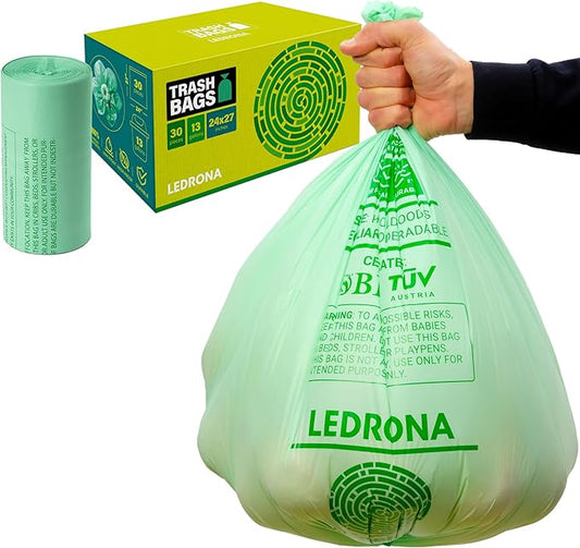 30 Compostable Trash Bags - 13 Gallon Garbage Bags for Kitchen Bin - Unscented, Leak Proof, Extra Strong - Disposable Food Waste Basket Liners - Certified by BPI & OK compost HOME by TÜV AUSTRIA