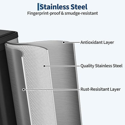 16 Gallon/60 L Dual Trash Can, Stainless Steel Garbage Can with Soft-Close Lid & Step Pedal, 2 x 8 Gallon Commercial Double Recycling Bin with 2 Removable Inner Buskets for Kitchen Office, Silver