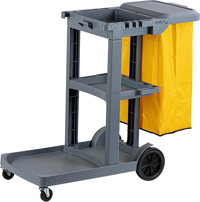 Restaurantware-Clean Tek Professional Janitor Cart with Wheels, 1 Cleaning Trolley with Cover and 18 Gallon Bag - 3 Shelves, Heavy-Duty, Gray Plastic Commercial Janitorial Cart, for Restaurants