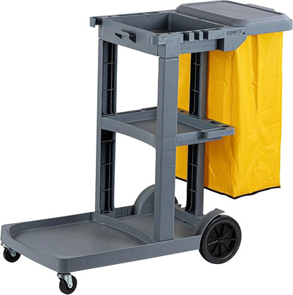 Restaurantware-Clean Tek Professional Janitor Cart with Wheels, 1 Cleaning Trolley with Cover and 18 Gallon Bag - 3 Shelves, Heavy-Duty, Gray Plastic Commercial Janitorial Cart, for Restaurants