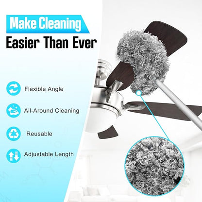 Ceiling Fan Cleaner Duster with Extension Pole, 12 to 51 Inch Duster Length, Reusable Microfiber Dusters for Cleaning Fan Blades, Cobwebs, Walls, Windows & High Ceilings, Removable, Blue