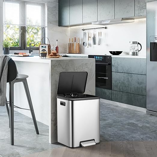 Takywep 8 Gallon / 30 L Dual Compartment Trash Can with Soft Close Lid, Stainless Steel Step-On Garbage Bin with Two Removable Inner Buckets for Kitchen, Office, Bedroom, Modern Rectangular Design