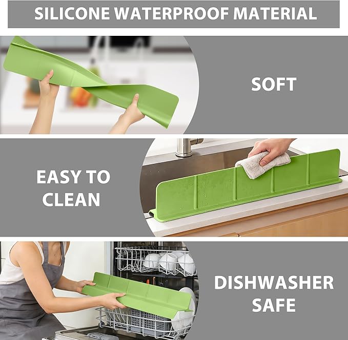18Inch Sink Splash Guard – Extended Length & Tall Silicone Kitchen Sink Splash Guard with Overhang Drainage Design & Strong Suction Cups for Countertop(Green, 18''x3.5'')