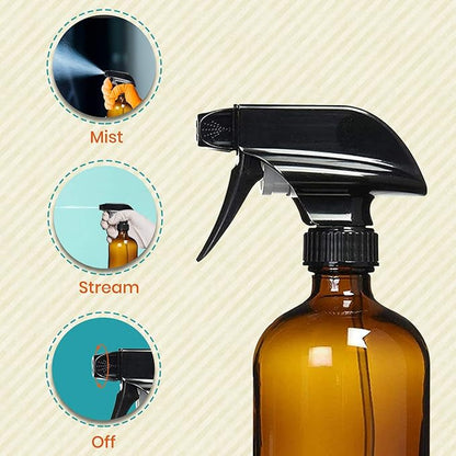 Homeries Amber Glass Spray Bottles For Cleaning Solutions (4 Pack) - 16 Ounce, Refillable Sprayer for Essential Oil, Water, Kitchen, Hair. Durable Black Trigger Sprayer w/Mist and Stream Settings