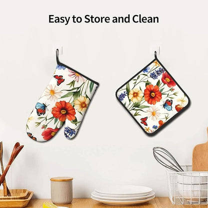 Cute Oven Mitts and Pot Holders Sets Poppy Daisy Flowers Kitchen Gloves Lavender Butterfly Hot Pads 2 Pieces Set Spring Summer Floral Kitchen Decor and Accessories