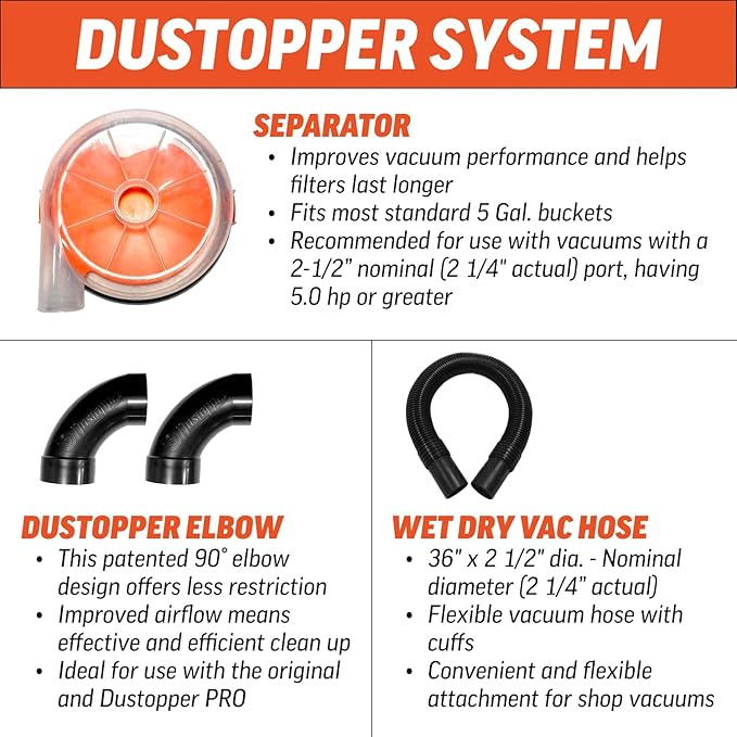 The Dustopper PRO, Low-Profile Dust Separator for Shop Wet/Dry Vacuums with at least 5HP. Includes High-Flow 90 Degree Sweep Elbows and Connection Hose. Fits Standard 5 Gallon Buckets, Made in USA
