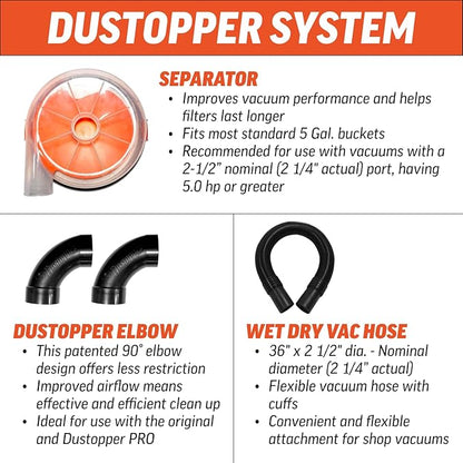 The Dustopper PRO, Low-Profile Dust Separator for Shop Wet/Dry Vacuums with at least 5HP. Includes High-Flow 90 Degree Sweep Elbows and Connection Hose. Fits Standard 5 Gallon Buckets, Made in USA