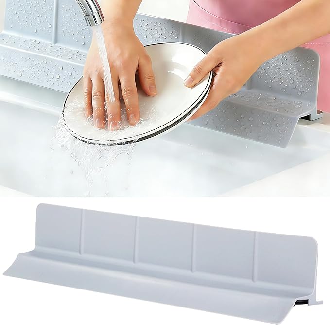 Food Grade Silicone Sink Splash Guard (23 Inch), 7 Strong Suction Cups Non-Slip Water Protector, Dishwasher Safe & Cuttable for Kitchen/Bathroom Countertops (Grey)