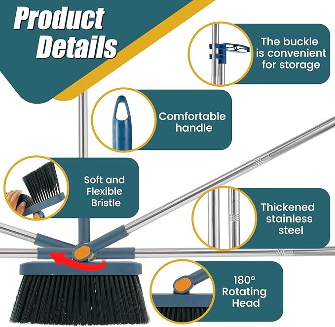 3Pcs Floor Sweeping Set, Broom and Dustpan Set for Home, 180°Rotating 2023 Indoor Broom, Foldable Stand Dustpan and Broom Combo, with Comb Teeth, for Kitchen Office Home Floor (Blue)