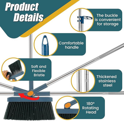 3Pcs Floor Sweeping Set, Broom and Dustpan Set for Home, 180°Rotating 2023 Indoor Broom, Foldable Stand Dustpan and Broom Combo, with Comb Teeth, for Kitchen Office Home Floor (Blue)