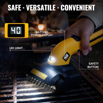 Electric Grill Brush, Grill Cleaner with LED Light & Battery Power Display, 350 RPM Shed-Free Steel Bristles, Removable Brush Head, Cordless & Type-C Rechargeable Grill Scraper for Outdoor BBQ