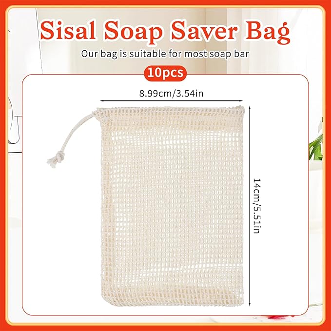 10 Pcs Soap Bags, Exfoliating Soap Saver Bags with Drawstring Reusable Natural Sisal Soap Pouch Foaming Drying for Bath and Shower(3.5x5.5 Inch)