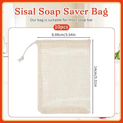 10 Pcs Soap Bags, Exfoliating Soap Saver Bags with Drawstring Reusable Natural Sisal Soap Pouch Foaming Drying for Bath and Shower(3.5x5.5 Inch)