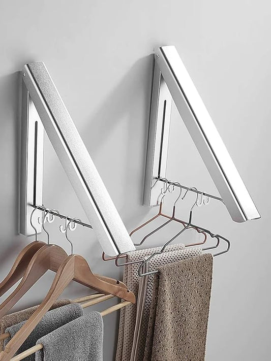 2 Pack Retractable Clothes Rack - Wall Mounted Folding Clothes Hanger Drying Rack for Laundry Room Closet Storage Organization, (Silver)