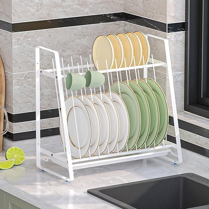 Dish Drying Rack with Drainboard, 11 Slots Upright 2-Tier Plate Organizer, Countertop/Wall-Mounted Kitchen Dish Holder