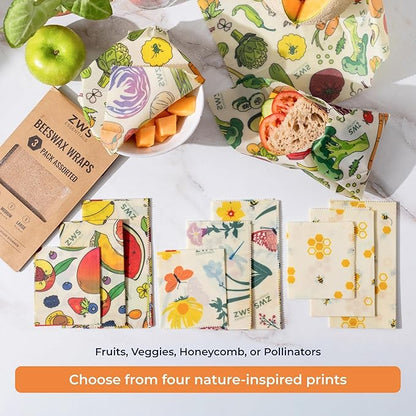Beeswax Wraps, Reusable Cotton Food Storage Set for Kitchen, Lunch, Bread, Snacks, Bowls. Eco-Friendly Plastic-Free Alternative. 3-Pack Assorted - Veggies by Zero Waste Store