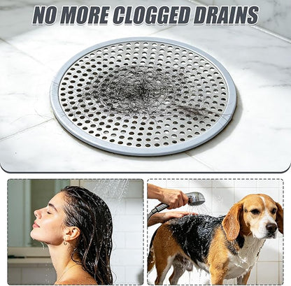 Shower Drain Cover, 4.72" Diameter Round Shower Drain Hair Catcher, Suitable for Bathroom and Kitchen, with Stainless Steel and Silicone Edges (Silver)
