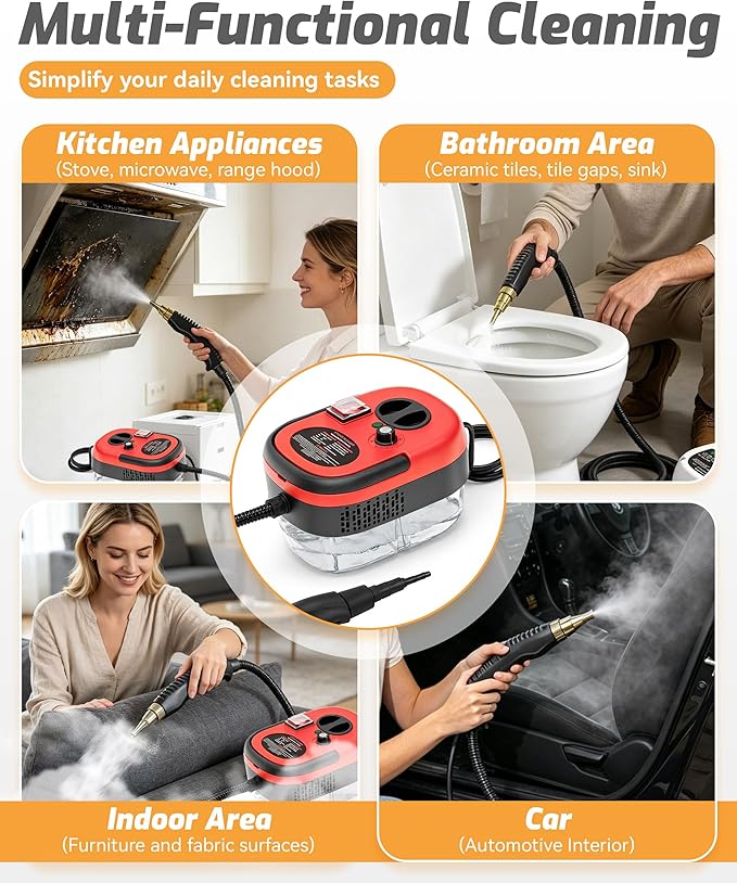 5-in-1 221°F Pressurized Handheld Steam Cleaner for Home, Car, Tile, Grout, Kitchen Cleaning, Glass, 2500w Handheld High-Temperature Pressurized Steam Cleaner with 6 Levels & 1.2L Tank (Mix-2 Set)