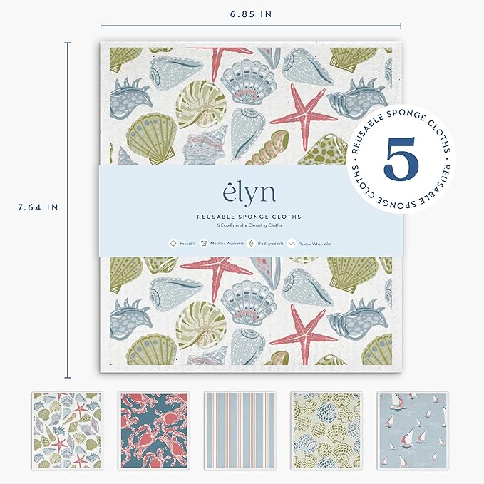ELYN Swedish Dishcloths, Reusable & Washable Sponge Cloths, Absorbent Cleaning Paper Towels for Kitchen, Dishes, Counters and More, 5 Pack, Classic Coastal