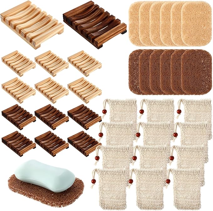 Baderke 36 Pcs Soap Saver Set for Packaging Gift Including Wooden Dish Holder Exfoliating Bag with Drawstring Soap Pads for Mother's Day Bar Wedding Baby Shower Homemade Gift(Mixed Color)