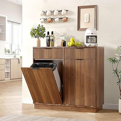 20 Gallon Double Tilt Out Trash Can Cabinet,Fluted Tilt Out Laundry Hamper Cabinet,Suitable for Kitchens, Laundry Rooms and Living Rooms Walnut Brown