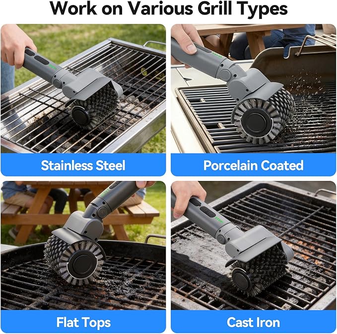 Upgrade Electric Grill Brush, BBQ Grill Brush for Outdoor Grill - 180°Adjustable Automatic Stainless Steel Wire Grill Cleaning Brush for Camping Outdoor BBQ Accessories