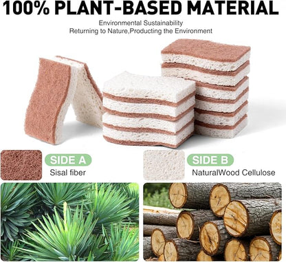 Eco-Friendly Sisal and Wood Pulp Cotton Double-Sided Cleaning Sponges - 12 Pack, S-Shaped Biodegradable Scrubbers for Kitchen, Dishes, and More (4.3 x 2.8 x 0.7 Inches Each)