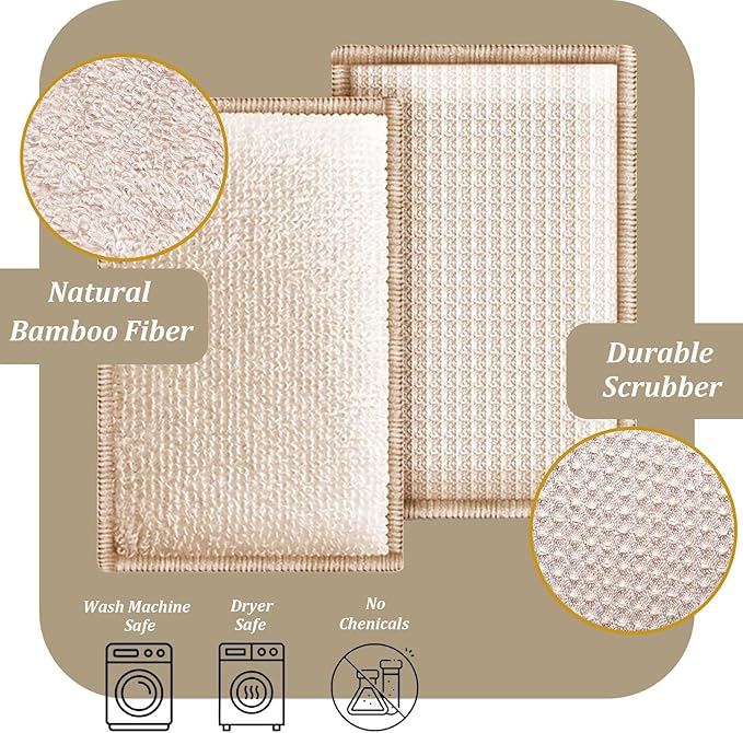 Bamboo Dish Sponge Natural Kitchen Scrub Sponges-Beige,12 Pack