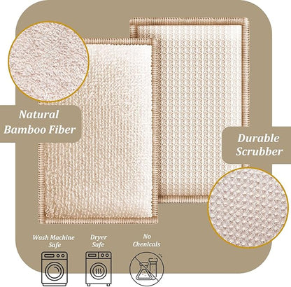 Bamboo Dish Sponge Natural Kitchen Scrub Sponges-Beige,6 Pack
