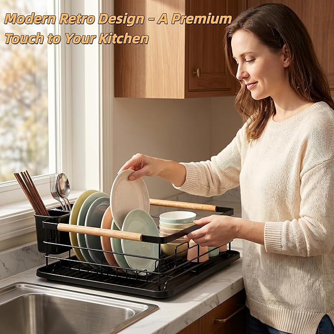 Dish Racks for Kitchen Counter, Thickened Metal Dish Drying Rack with Wooden Handles, Kitchen Countertop Organizer for Dishes, Spoons and Forks, No Assembly, Black, 16.7''*12.6''*5.12''