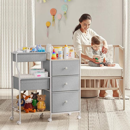 Modanais Baby Organizer and Storage - 3 Tier Rolling Cart with Dividers and Drawers, Easy To Assemble, Mobile Utility Cart with Wheels for Nursery, Bedroom, Changing Table & Crib,Light Gray