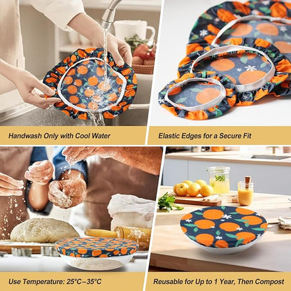4PCS Reusable Beeswax Bowl Covers for Bread Proofing, Washable Sourdough Proofing Covers, Elastic Cotton Dish Domes for Food Storage