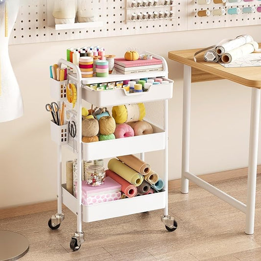 3 Tier Metal Rolling Utility Cart with Drawer & Pegboard - Multifunctional Storage Cart on Wheels with Tabletop, Hooks & Basket, Sturdy Craft & Art Cart for Bathroom, Bedroom, Children Room, White