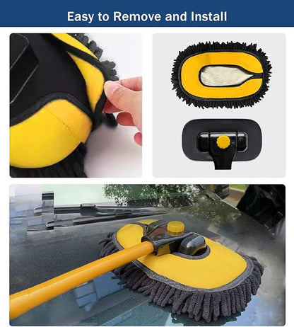 YeewayVeh Car Wash Brush Mop with Long Handle, 15° Curved Extension Pole Car Wash Kit with 3 Chenille Brush Head Covers for RV Truck Camper Cleaning, Yellow