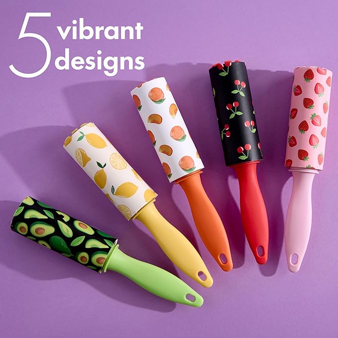 5pc Fruit Mini Lint Roller Value Pack – Colorful Compact Rollers for Travel | Pet Hair & Lint Remover for Clothing & Household Use | Portable On-the-Go Lint Removers