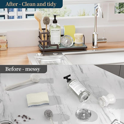 Consumest Sponge Holder for Kitchen Sink - Sink Caddy Organizer with Water Absorbing Stone Tray, Detachable Brush Holder, Stainless Steel Kitchen Counter Organizer Rack, Bronze
